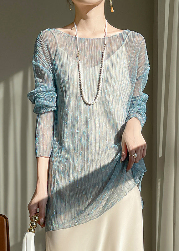 Blue Bright Silk Cozy Tulle Top O Neck Long Sleeve