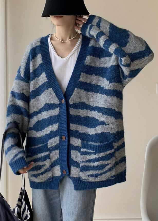 Blue Button Cozy Loose Knit Winter Cardigans V Neck