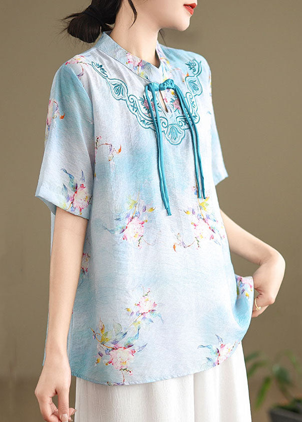 Blue Cotton Shirt Tasseled Stand Collar Embroidered Summer