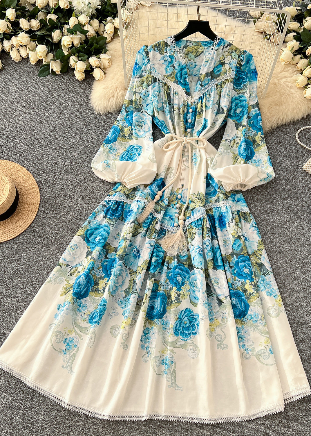 Blue Floral Patchwork Lace Dress Tie Waist Lantern Sleeve