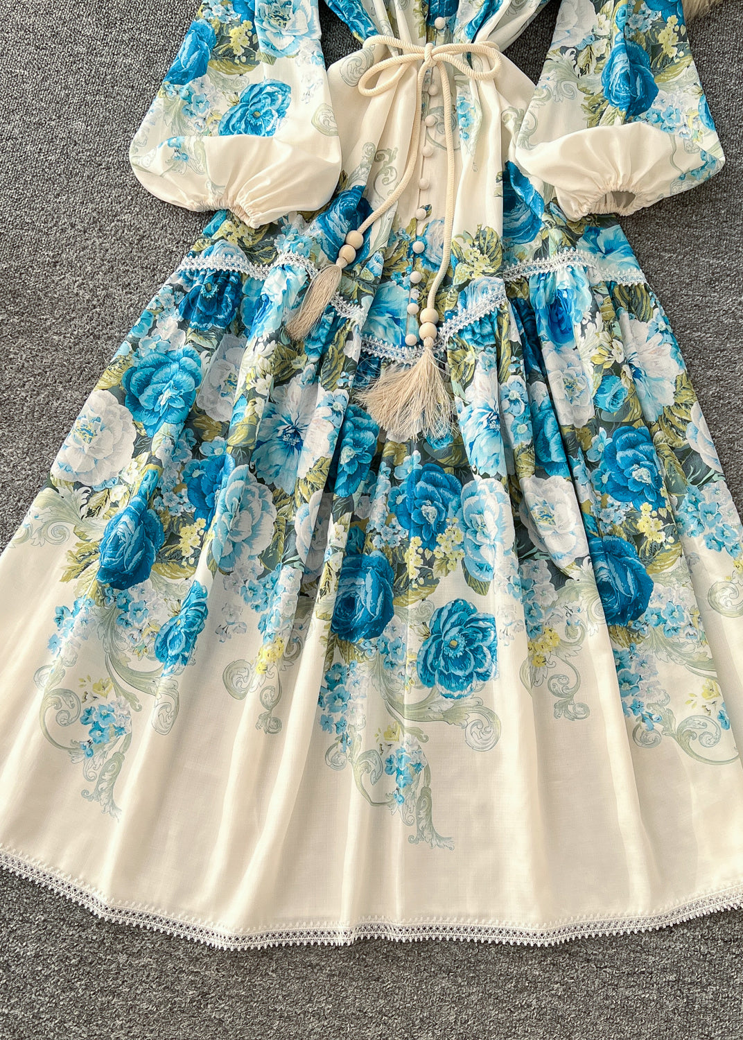 Blue Floral Patchwork Lace Dress Tie Waist Lantern Sleeve