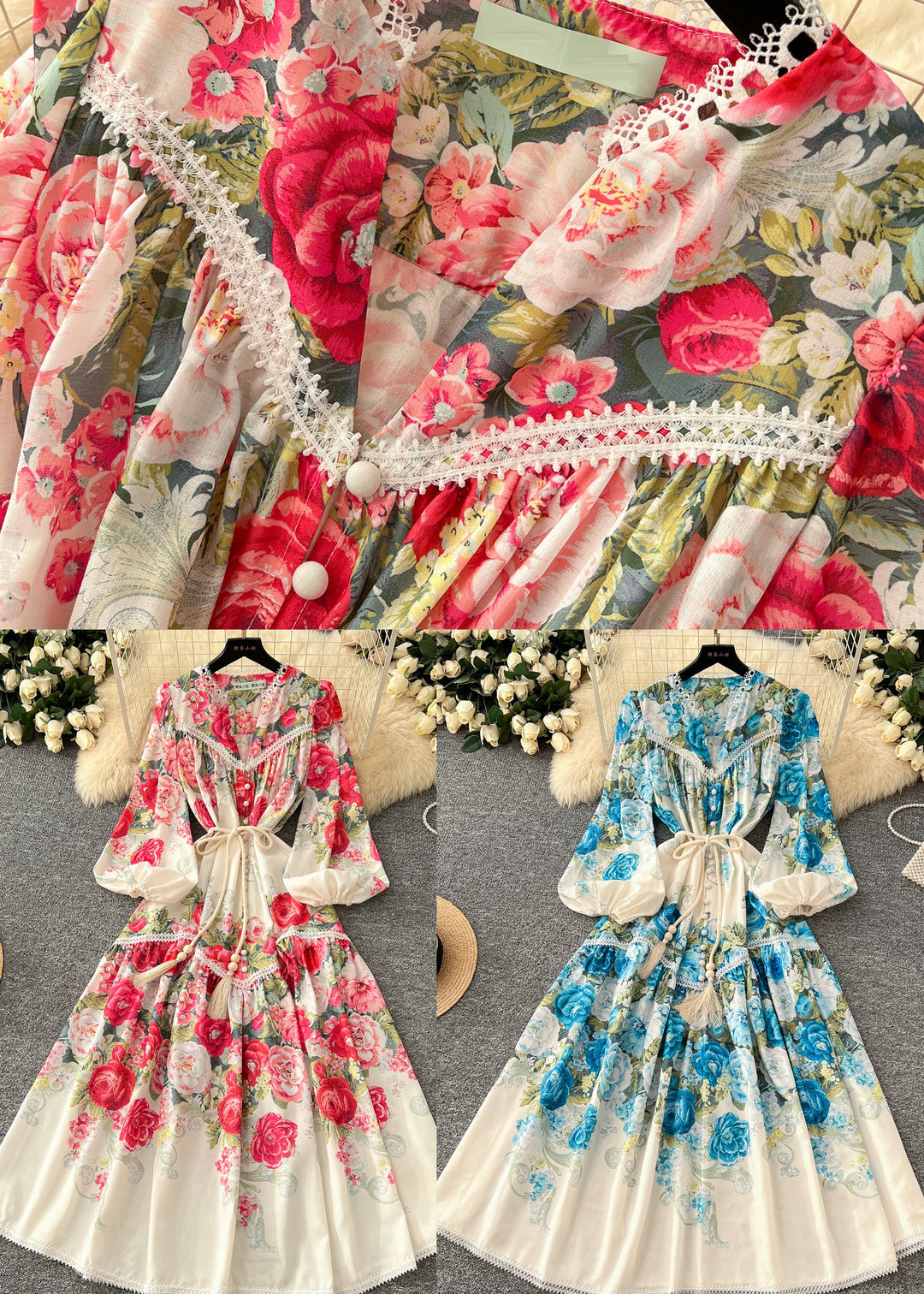 Blue Floral Patchwork Lace Dress Tie Waist Lantern Sleeve