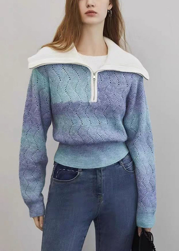 Blue Gradient Color Hollow Out Wool Knit Sweater Zip Up Winter