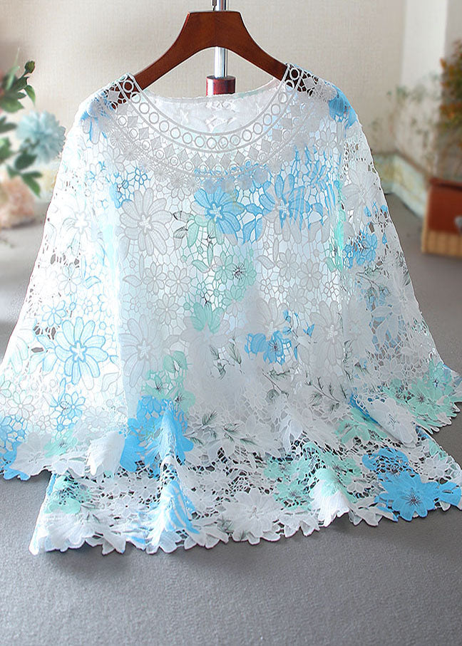 Blue Hollow Out Lace Shirts Embroidered Bracelet Sleeve