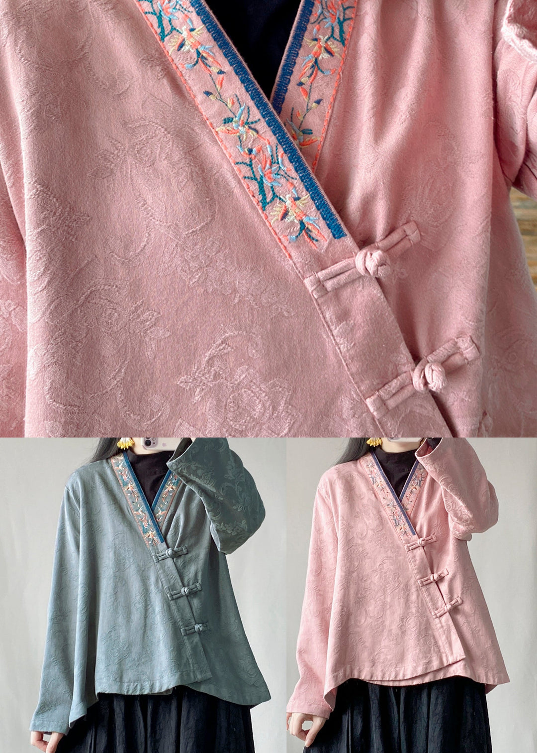 Blue Jacquard Cotton Top Embroidered Chinese Button Spring