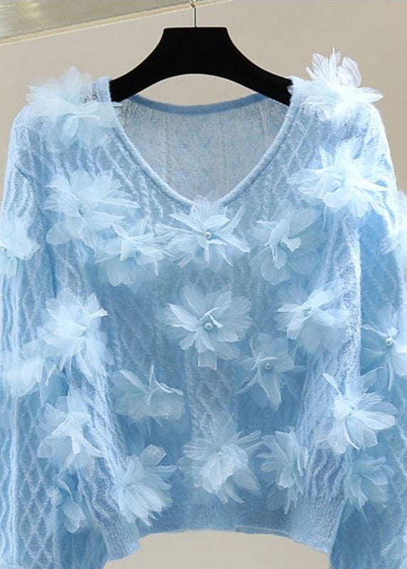 Blue Nail Bead Cotton Knit Sweater Long Sleeve