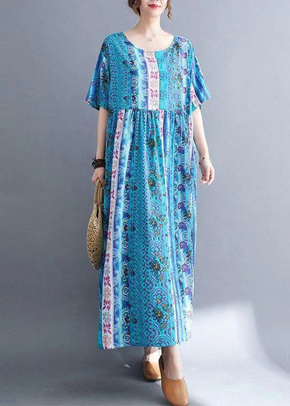 Blue O-Neck Patchwork Maxi Dresses Summer