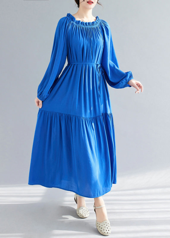 Blue O-Neck Ruffled Patchwork Chiffon Maxi Dress Spring