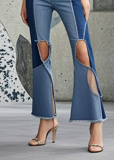 Blue Patchwork Denim Bell-bottom Pants Hollow Out Fall