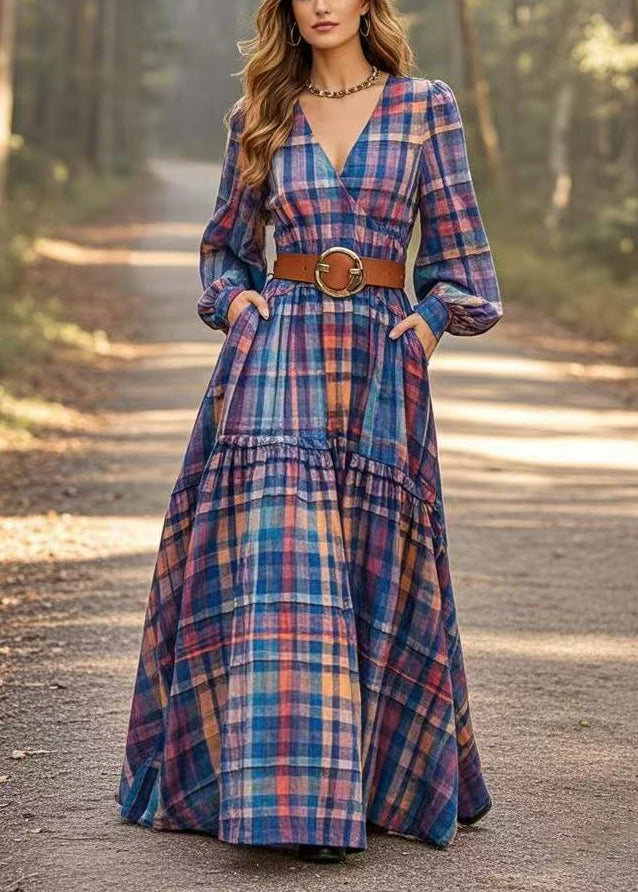 Blue Plaid Linen Long Dresses Cinched Exra Large Hem Spring