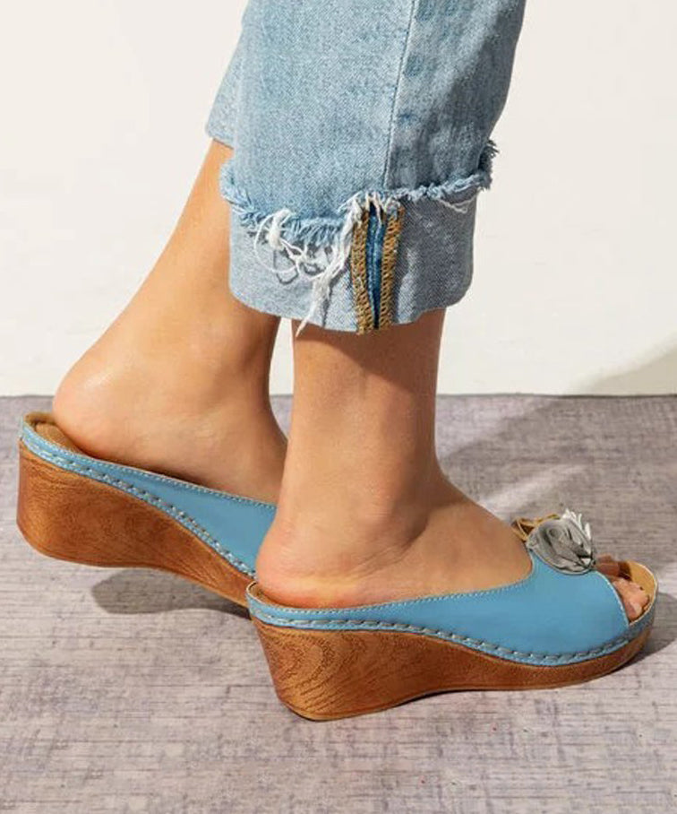 Blue Plus Size Floral Splicing Wedge Slide Sandals