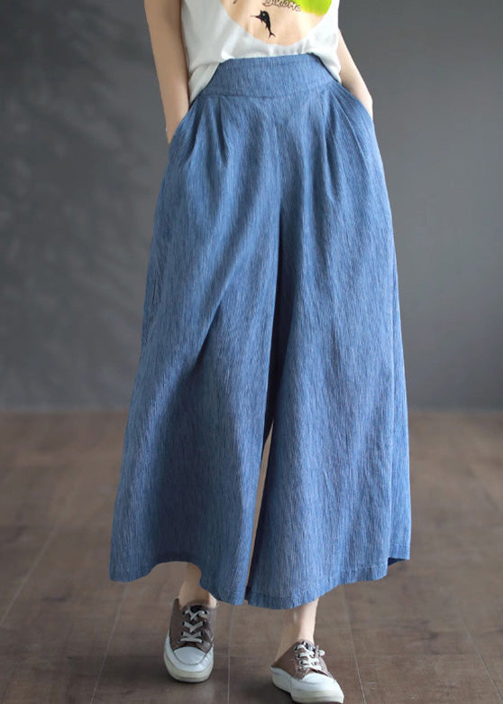 Blue Pockets Cotton Wide Leg Pants