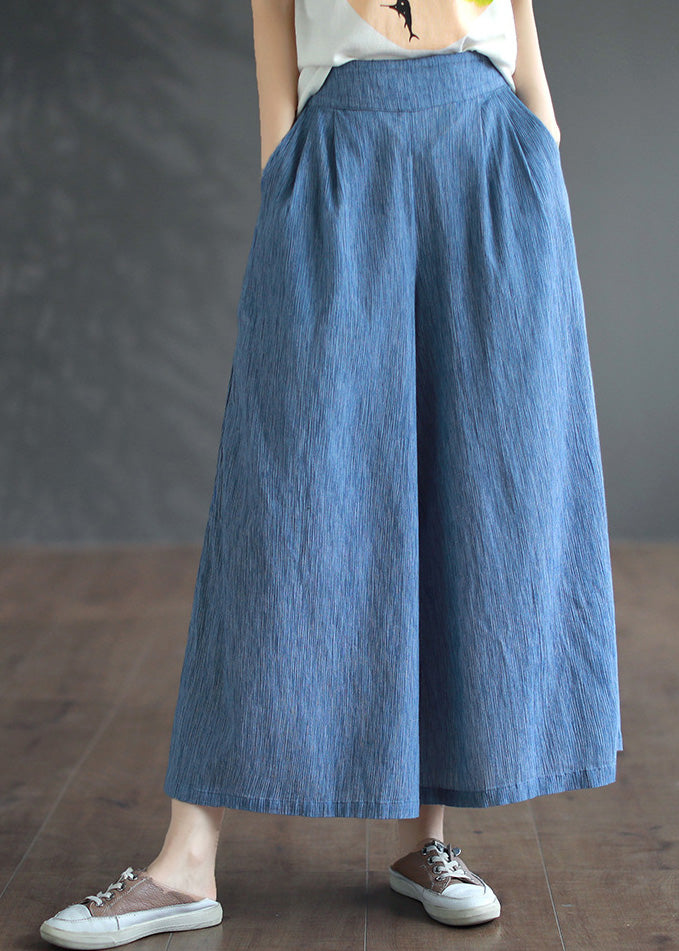 Blue Pockets Cotton Wide Leg Pants