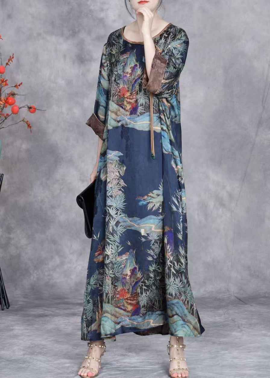 Blue Print Patchwork Silk Long Dresses O Neck Summer