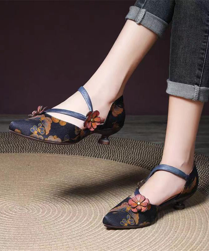 Blue Retro Print Floral High Heels Pointed Toe