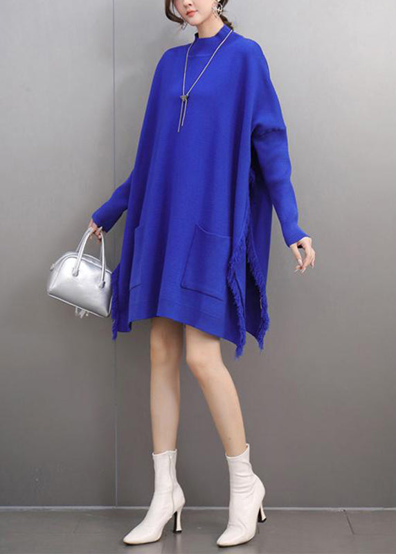 Blue Side Open Cotton Knit Sweater Batwing Sleeve