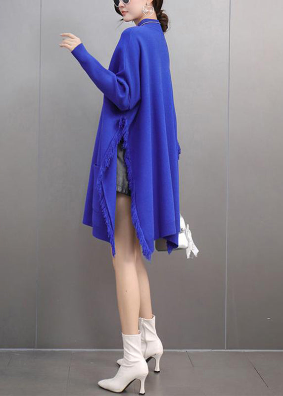 Blue Side Open Cotton Knit Sweater Batwing Sleeve