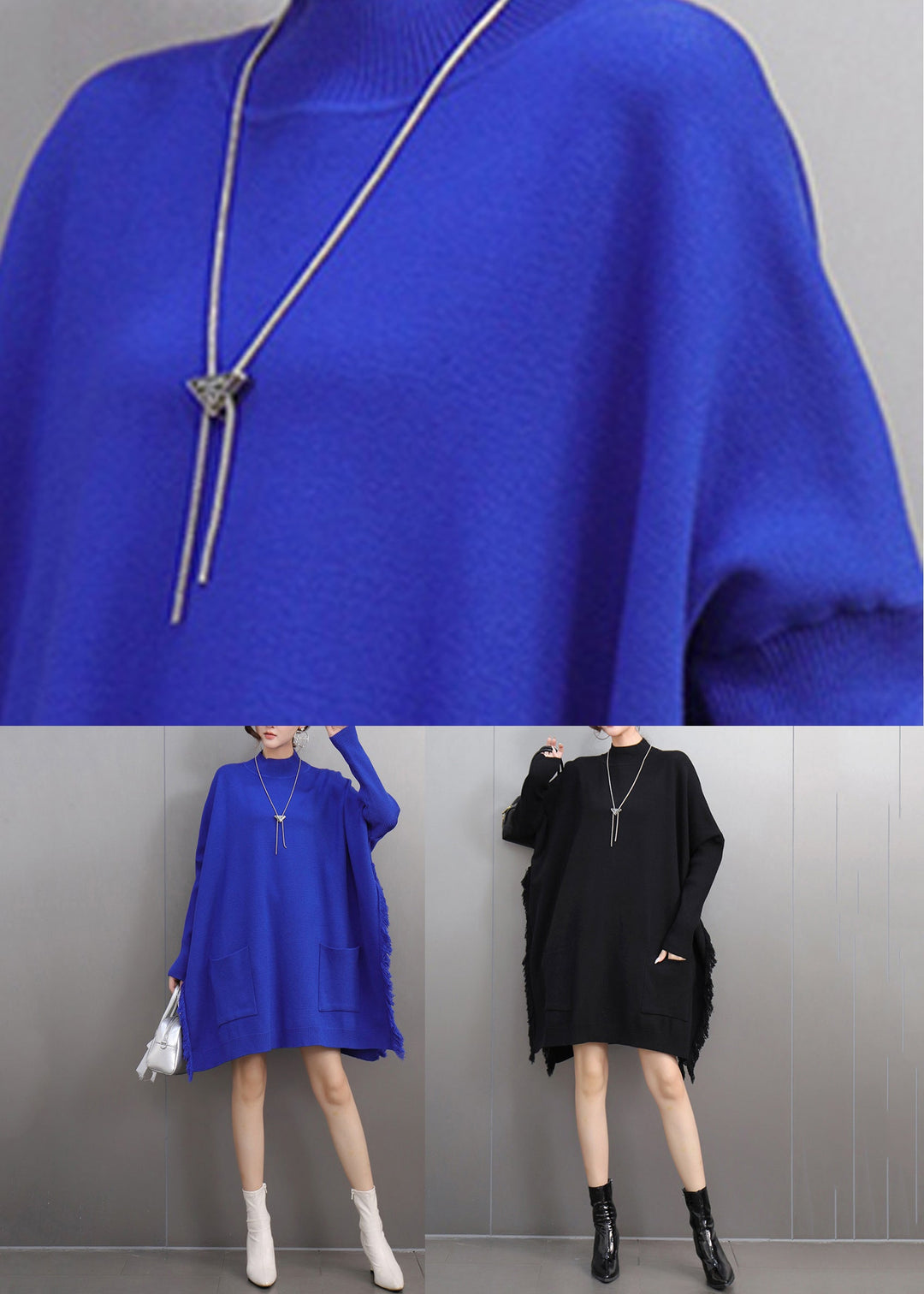 Blue Side Open Cotton Knit Sweater Batwing Sleeve