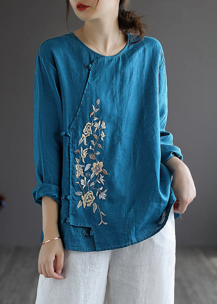 White Bamboo Loose Linen Shirt Tops Embroidered Long Sleeve