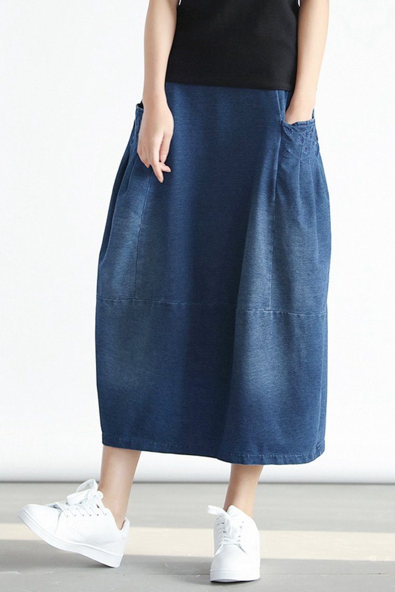 Denim Pocket Cotton Skirt Dark Blue Simple Women Clothes