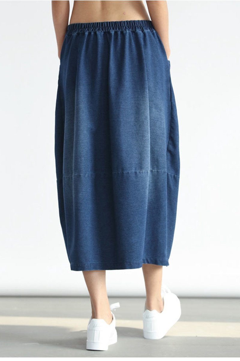 Denim Pocket Cotton Skirt Dark Blue Simple Women Clothes