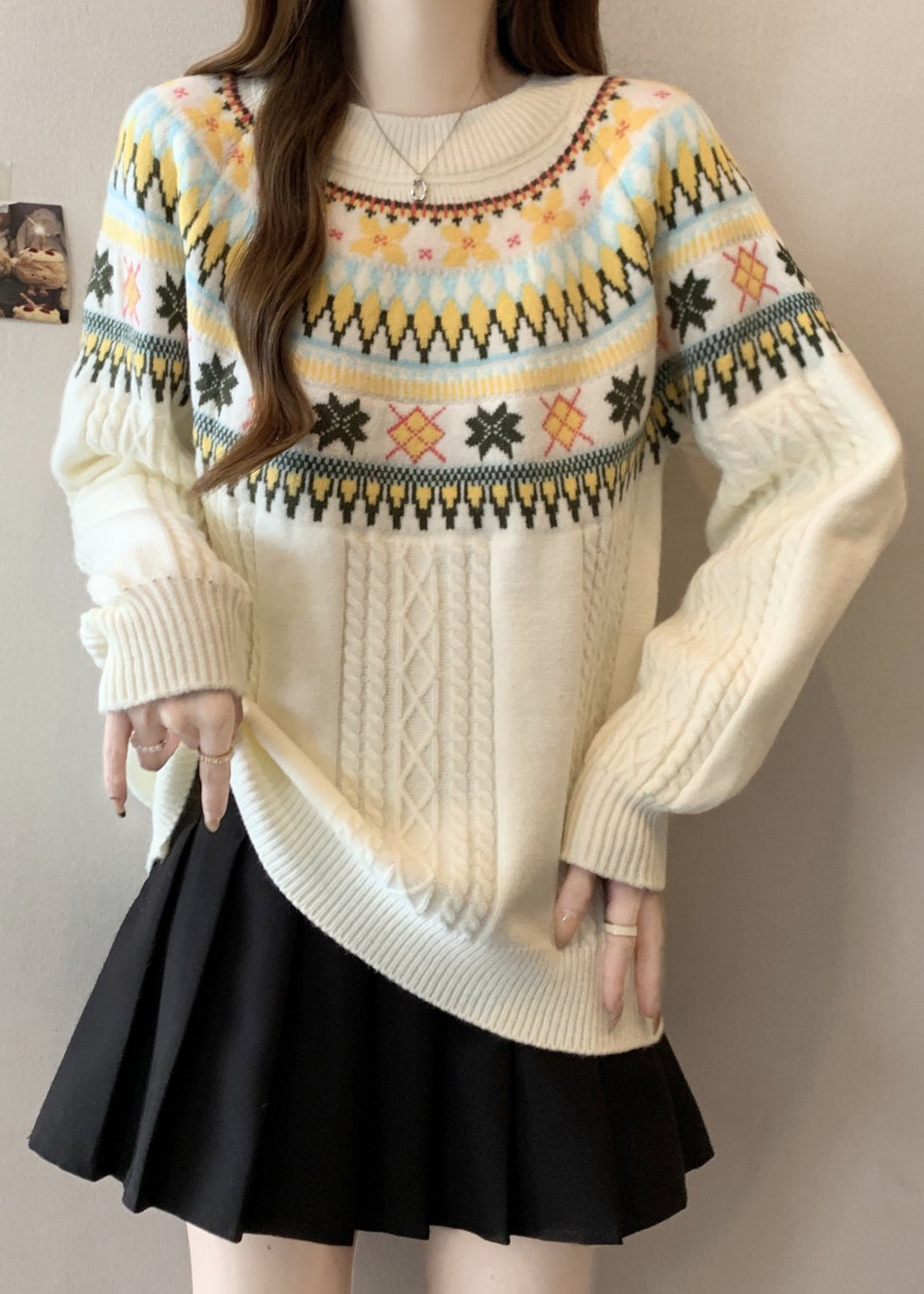 Bohemian Beige O Neck Jacquard Thick Knit Pullover Winter