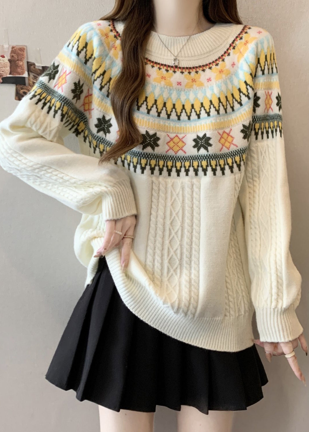 Bohemian Beige O Neck Jacquard Thick Knit Pullover Winter