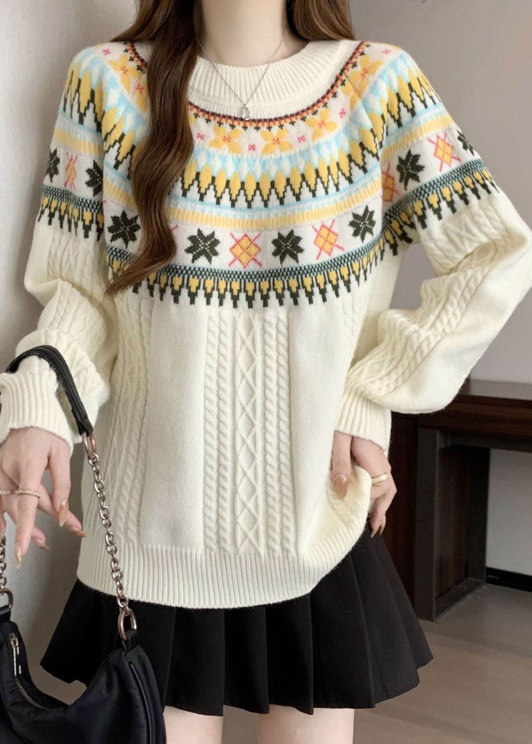 Bohemian Beige O Neck Jacquard Thick Knit Pullover Winter