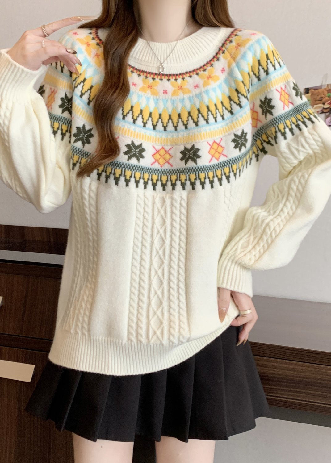 Bohemian Beige O Neck Jacquard Thick Knit Pullover Winter