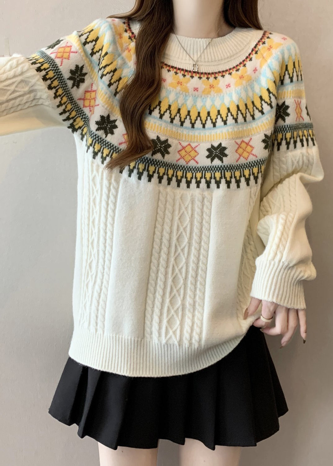 Bohemian Beige O Neck Jacquard Thick Knit Pullover Winter