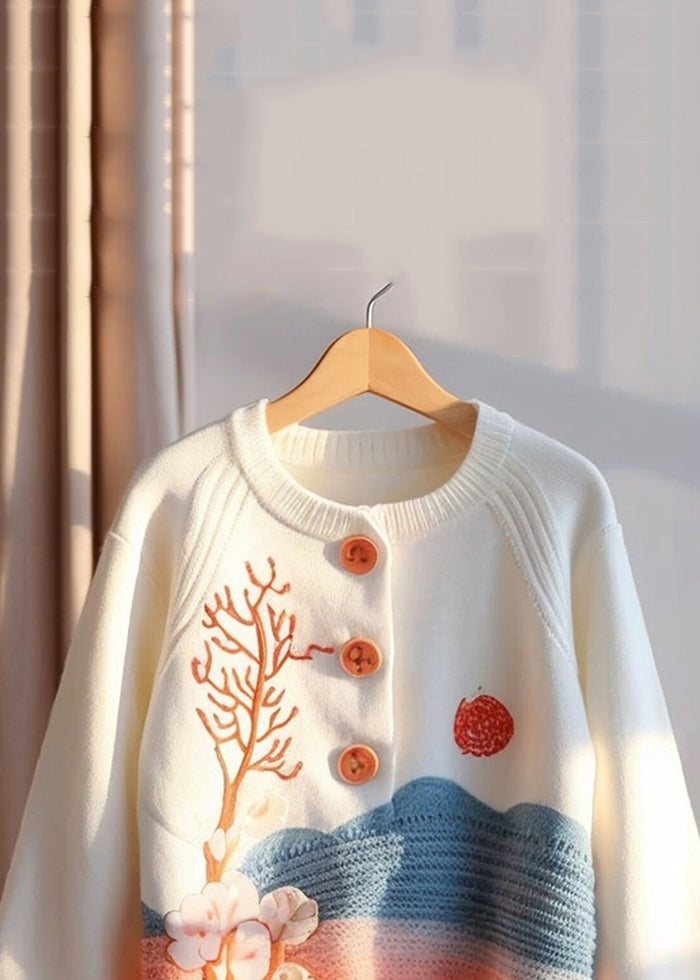 Bohemian Beige Print Button Knit Sweaters Fall