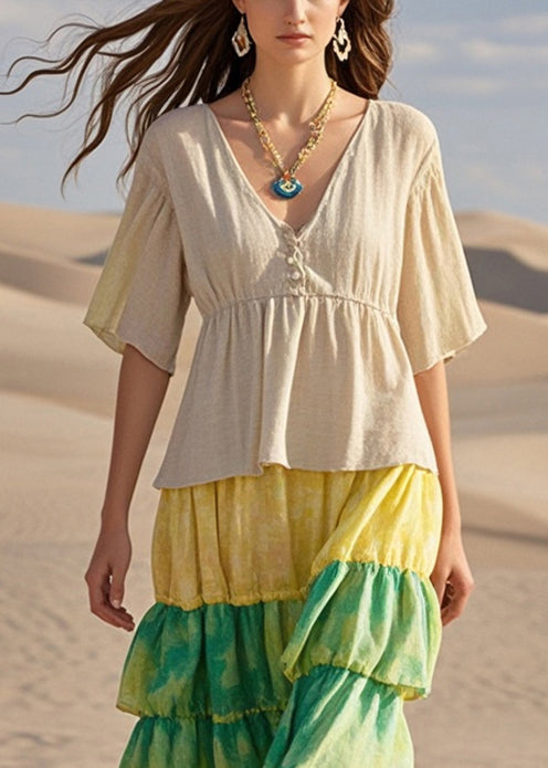 Bohemian Beige Ruffled Patchwork Cotton Dresses Summer