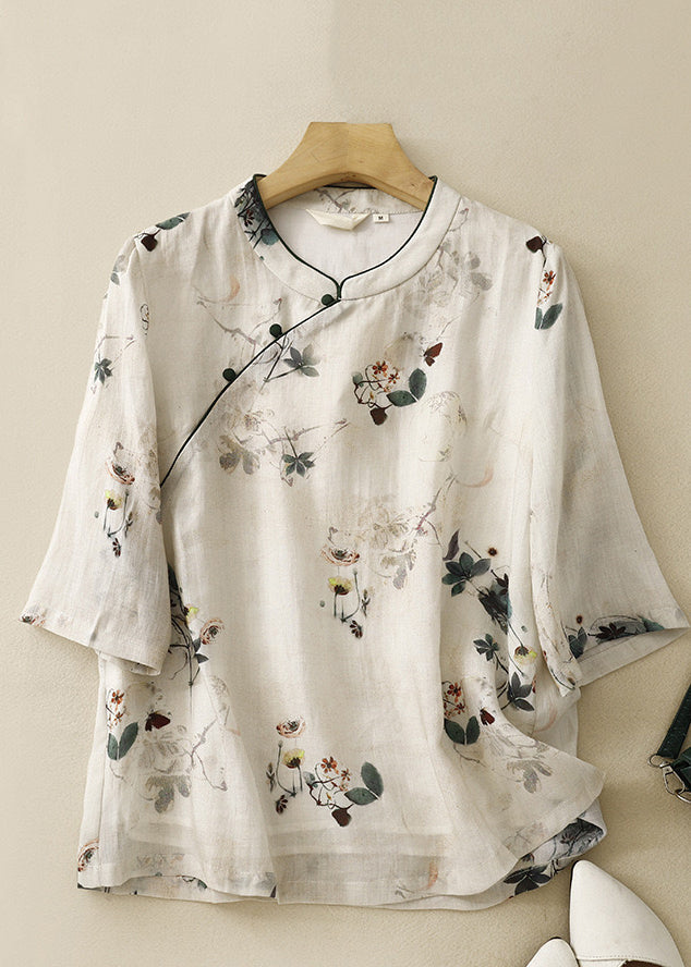 Bohemian Beige Stand Collar Print Linen Tops Summer