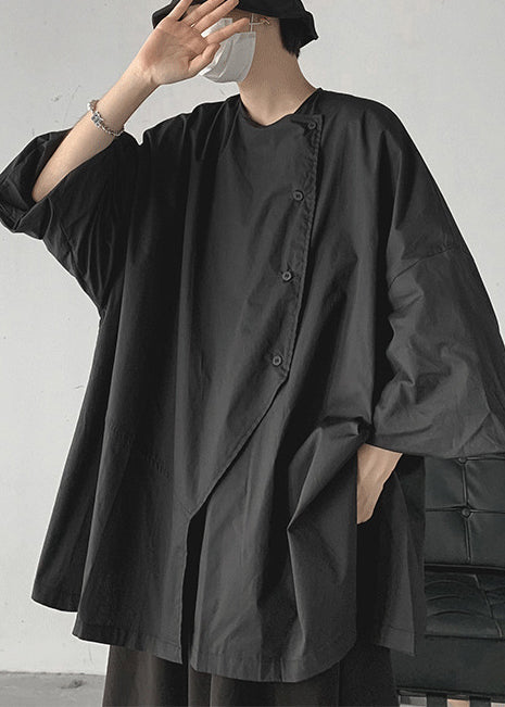 Bohemian Black Asymmetrical Oversized Cotton Shirts Spring