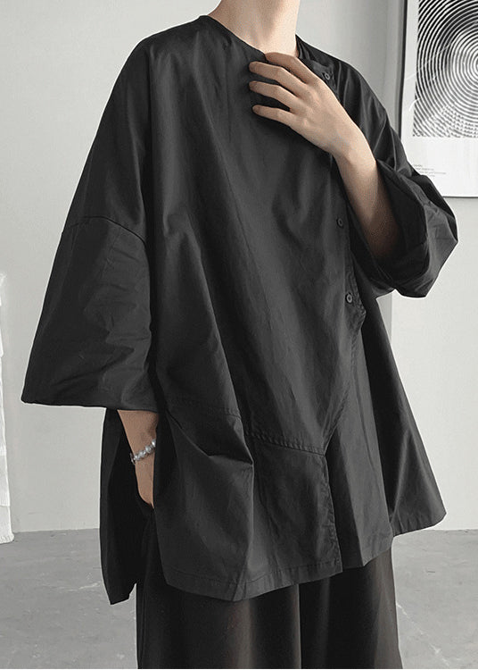 Bohemian Black Asymmetrical Oversized Cotton Shirts Spring