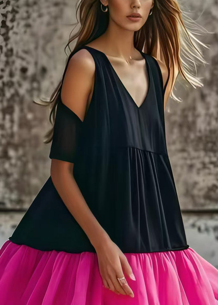 Bohemian Black Cold Shoulder Tulle Patchwork Cotton Tea Dress Summer