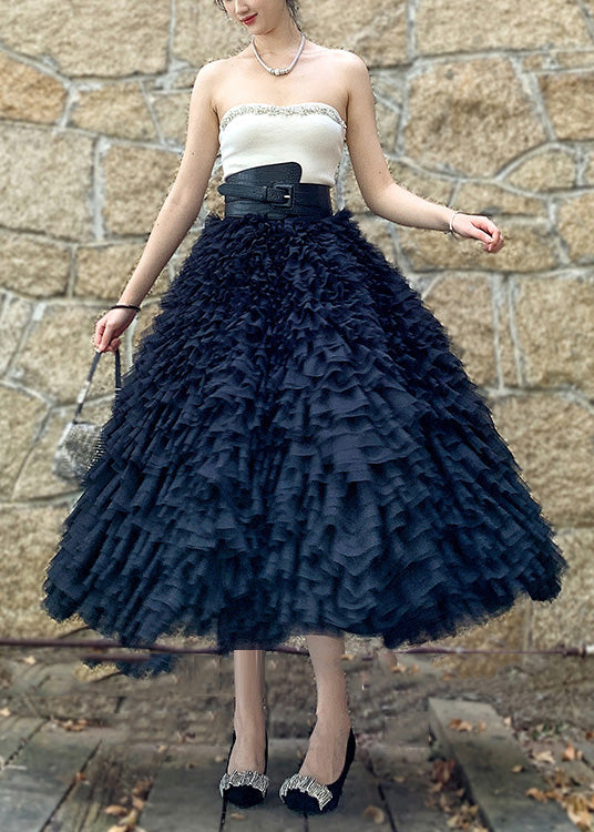 Bohemian Black High Waist Patchwork Tulle Skirts Spring