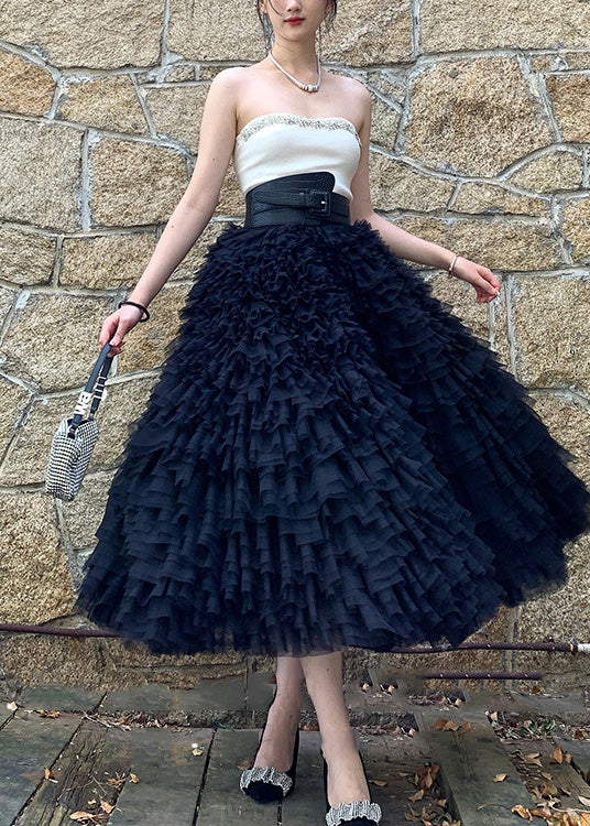 Bohemian Black High Waist Patchwork Tulle Skirts Spring