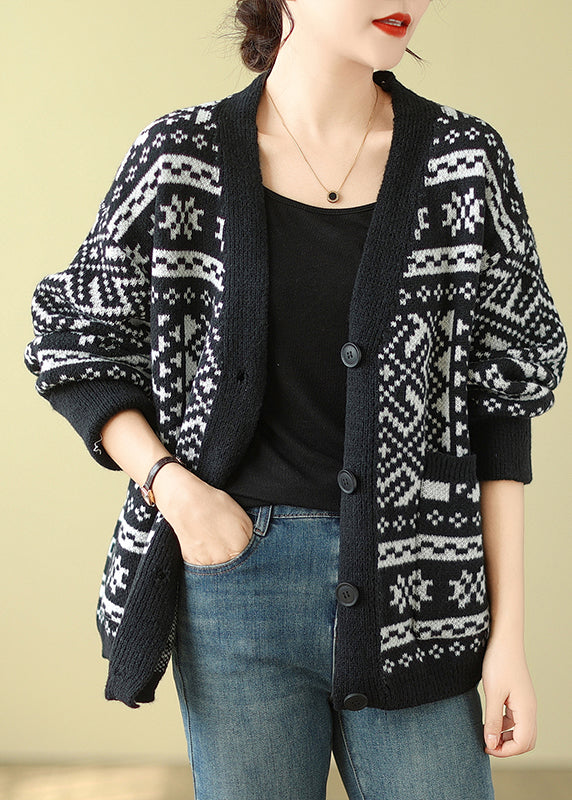 Bohemian Black Oversized Print Knit Cardigan Spring