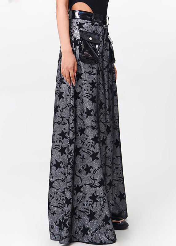 Bohemian Black Pockets Patchwork Denim Wide Leg Pants Spring