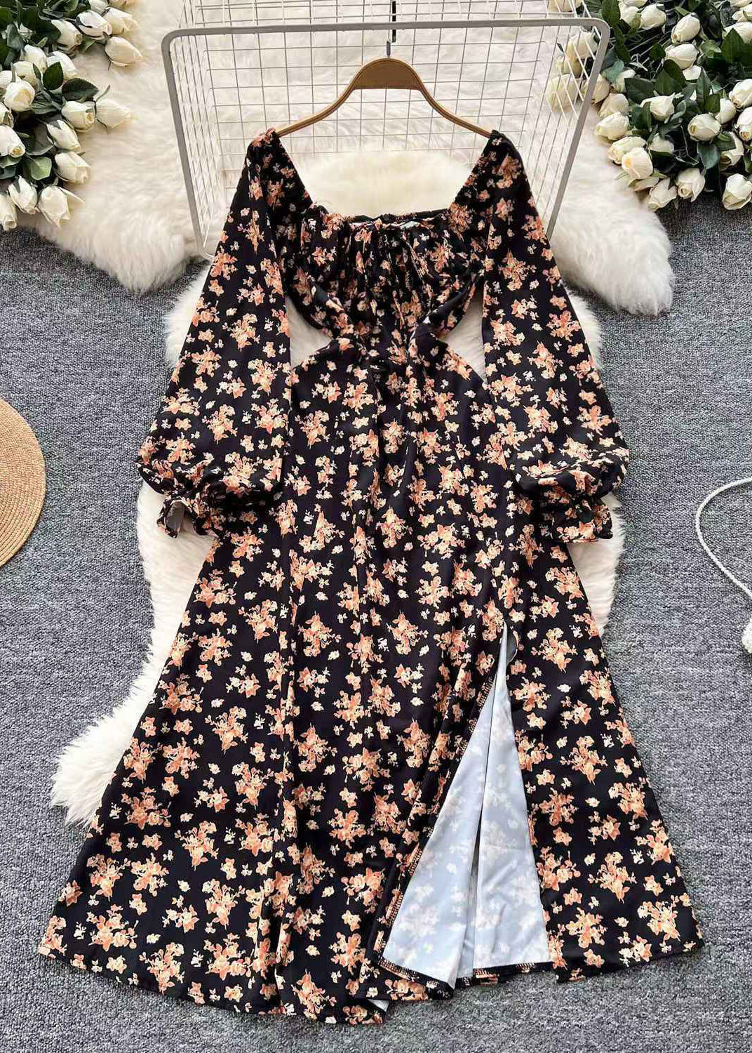 Bohemian Black Square Collar Print Side Open Cotton Dress Fall