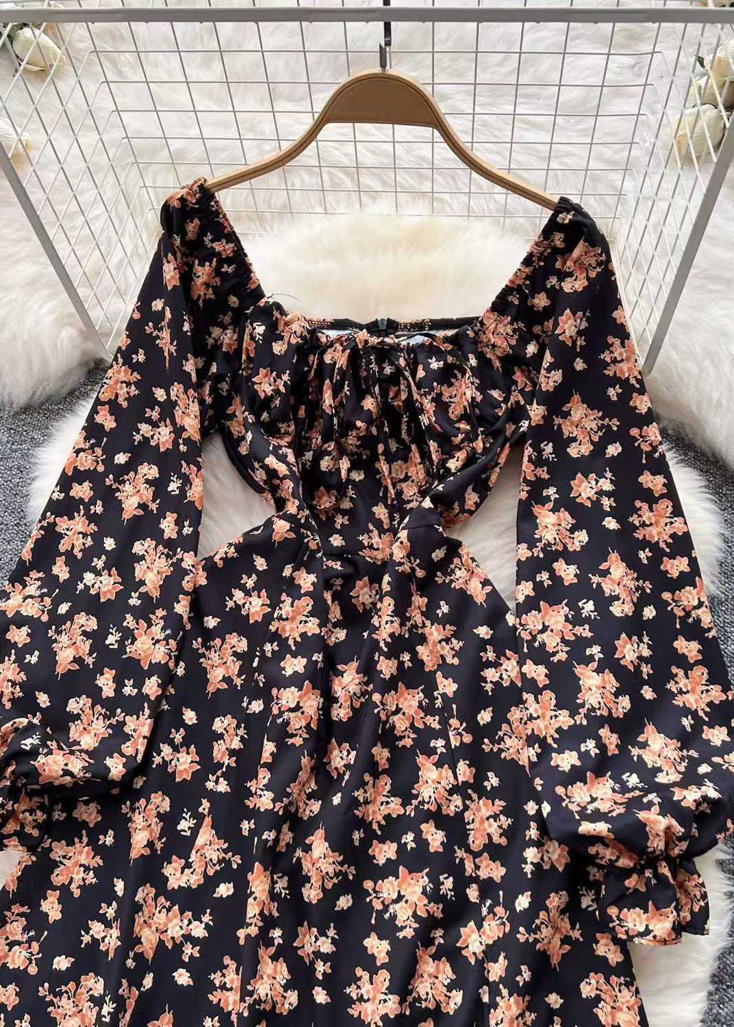 Bohemian Black Square Collar Print Side Open Cotton Dress Fall