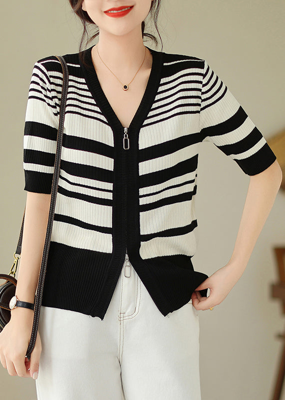 Bohemian Black White Striped Zippered Knit Cardigan Spring