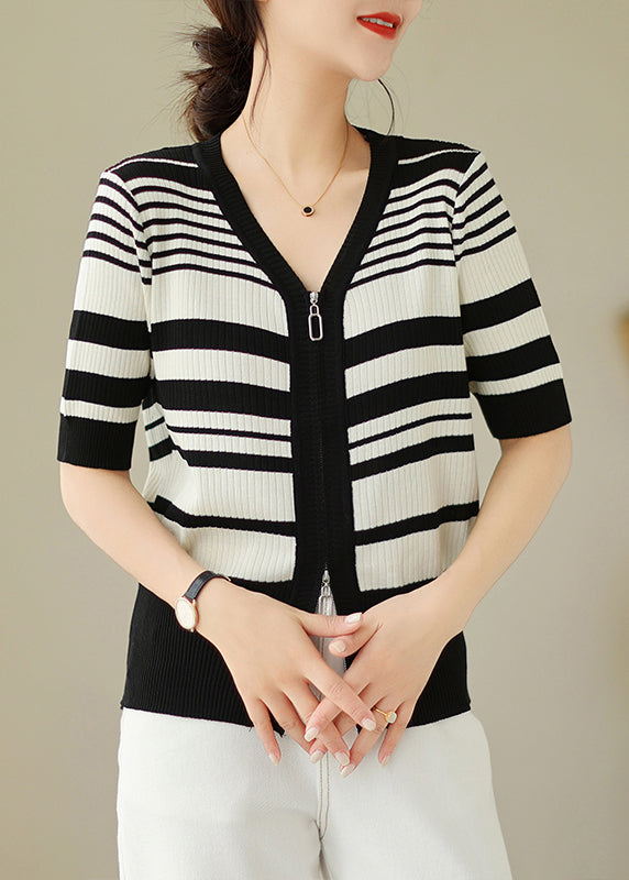 Bohemian Black White Striped Zippered Knit Cardigan Spring