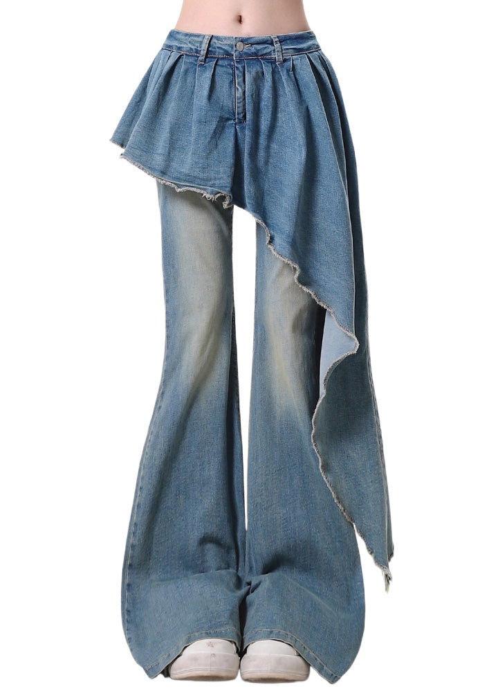 Bohemian Blue Asymmetrical Patchwork Denim Flared Trousers Pants Spring