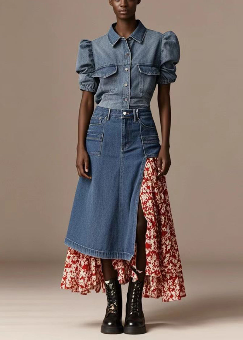 Bohemian Blue Asymmetrical Patchwork Print Denim Skirt Spring