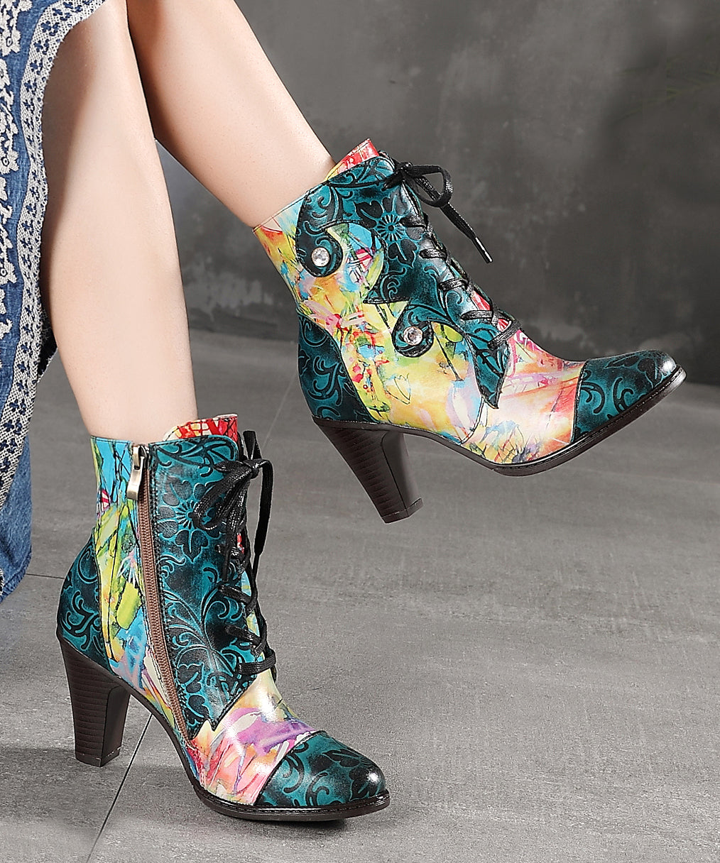 Bohemian Blue Lace Up Splicing Embossed Chunky Heel Boots