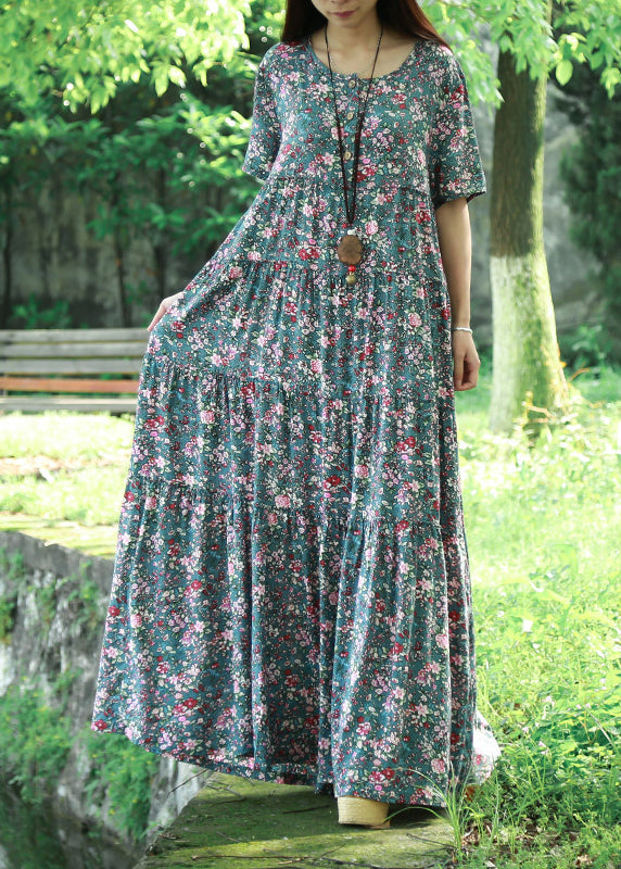 Bohemian Blue O Neck Print Patchwork Cotton Maxi Dress Summer