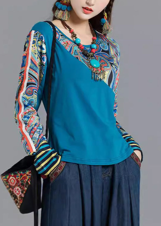 Bohemian Blue O Neck Print Patchwork Cotton Tops Spring