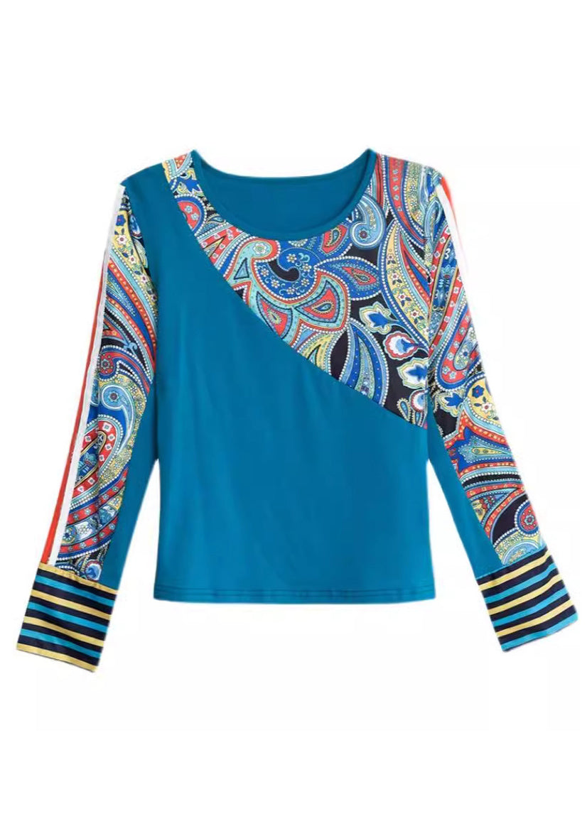 Bohemian Blue O Neck Print Patchwork Cotton Tops Spring